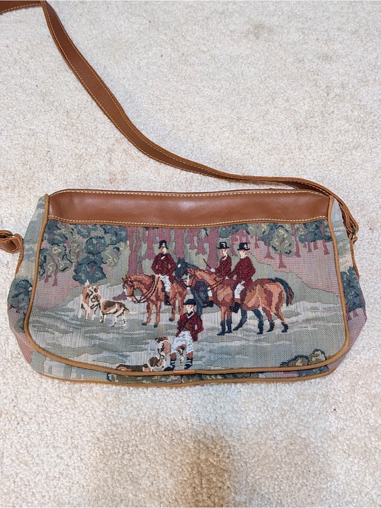 Orvis Handbags - Vintage Orvis Equestrian Tapestry Crossbody Bag Horse Hunt Leather Trim